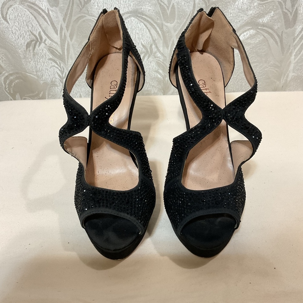 Cathy Jean Black Crystal Peep Toe Platform Heels Size 7.5